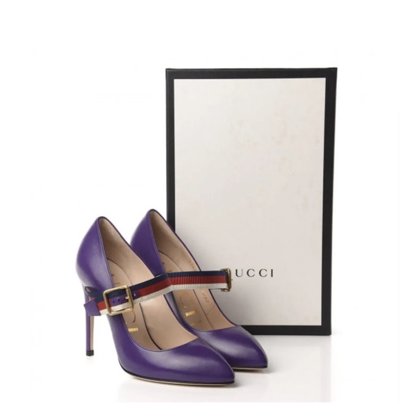 NEW Gucci Sylvie Logo Web Stripe Mary Jane Buckle purple Leather Pumps US 6.5 - Picture 2 of 6
